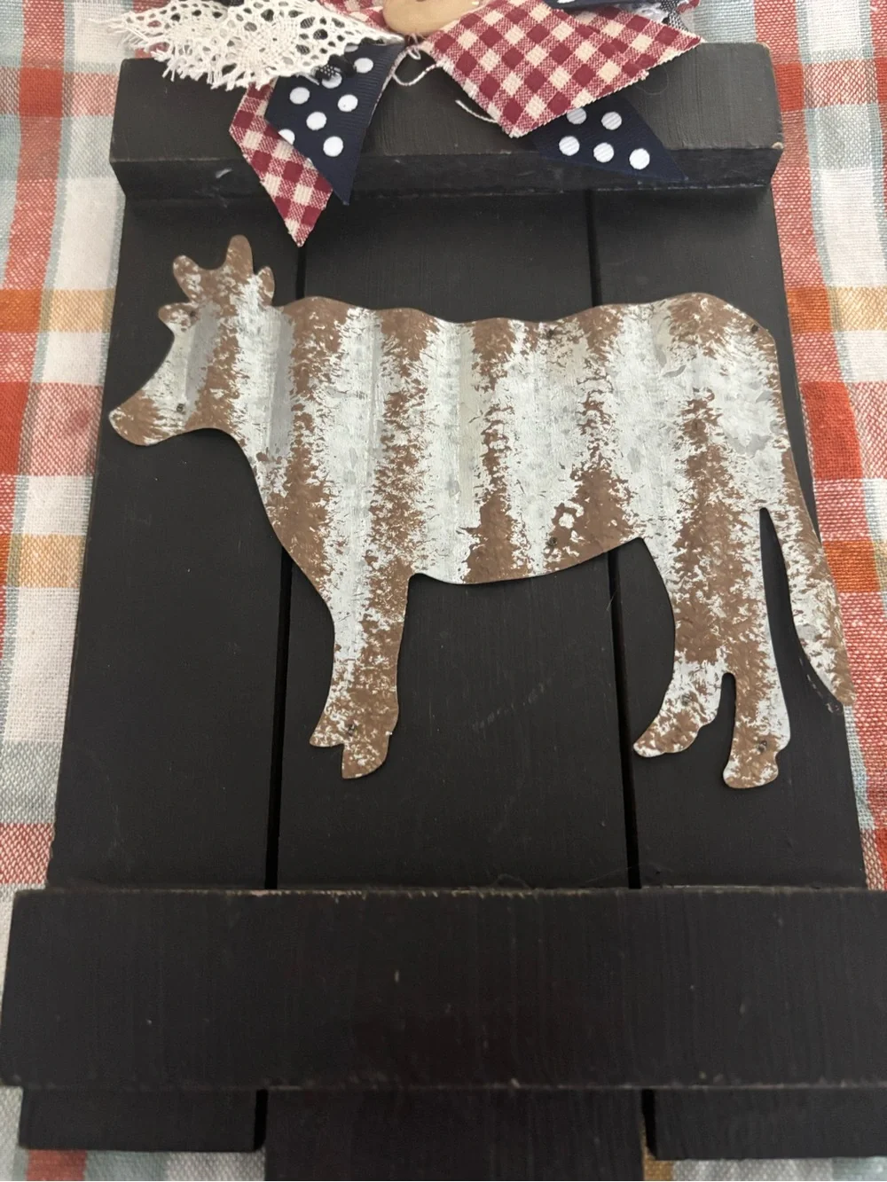 Rustic Primitive Country Farmhouse Cow Wood/Tin Wall Hook Decor Bow Final Sale